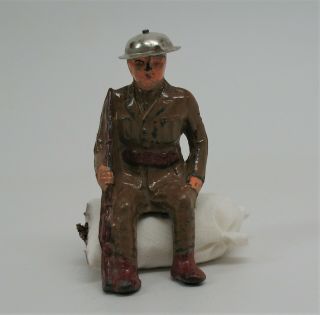 Vintage Barclay Manoil B115 Toy Soldier Sitting On Sack Of Coffee 2e
