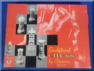 1961 Vintage Ganine Sculptured Gothic Chess Set Board Instructions Boxed 1471