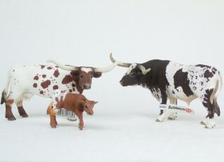 SCHLEICH Farm Animals TEXAS LONGHORN FAMILY Bull Cow Calf RETIRED With Tags 3