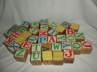 Vtg (38) Assorted Wooden 1 5/8” Sq Colored Alphabet/number Blocks