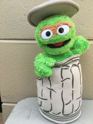 Sesame Street Plush Oscar Grouch In Trash Can Green And Grey Stuffed Character