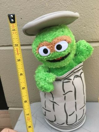 Sesame street plush oscar grouch In Trash Can green and grey stuffed character 2