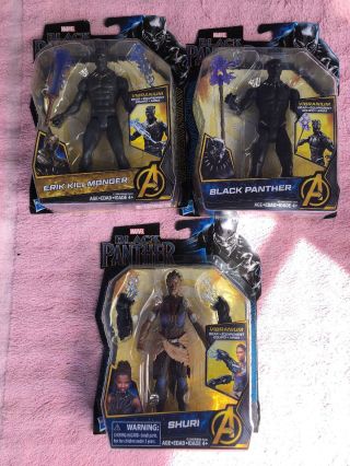 (3) Marvel Black Panther 6” Erik Killmonger Black Panther Shuri Action Figures