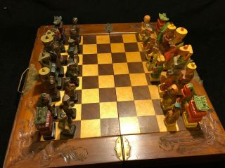 Asian Wooden Chess Set Large Hand Carved Figures And Board