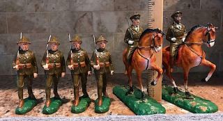 Vintage Trico Toy Composite Wwi Era 6 Soldiers 2 With Horses Japan