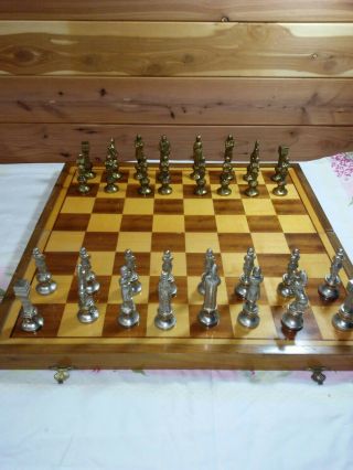 Vintage Brevettato Cast Metal Chess Set Nickel Romans & Brass Heavy W/wood Case