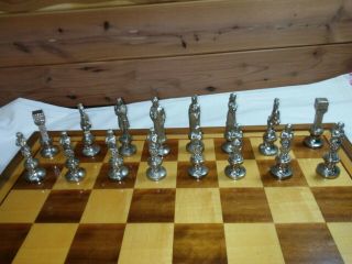 Vintage Brevettato Cast Metal Chess Set Nickel Romans & Brass Heavy W/Wood Case 3