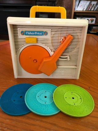 Fisher Price Vintage Music Box Record Player 3 Records 2 Sided For 6 Tunes