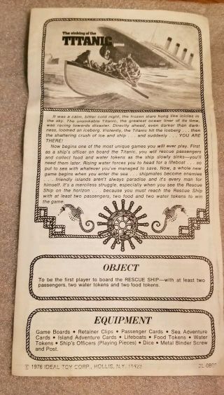1976 Ideal Sinking Of The Titanic Board Game Instructions Only