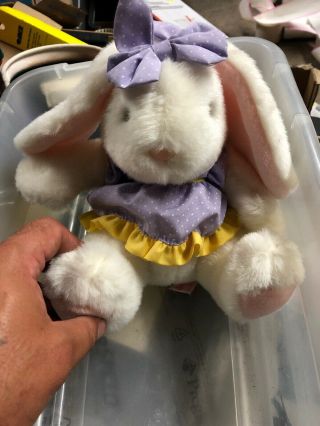 Vintage Russ Berrie Caress Soft Pet - White Bunny Rabbit Purple Dress Washable Nwt