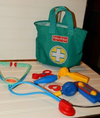 Vintage Fisher Price Doctor Nurse Accessories Kit W/ Cloth Dr.  Bag Role Play Guc