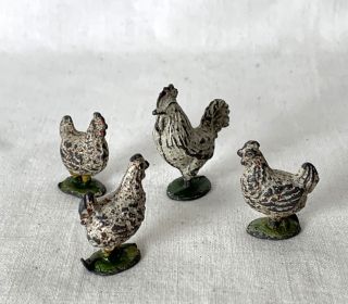 2 Vintage Britains Era Painted Lead Hens Rooster Cockerel Poultry Farm Birds