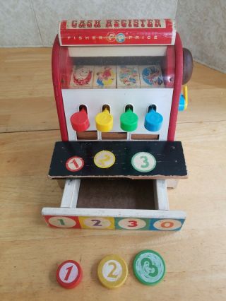 Vintage Fisher Price Wood Cash Register 972 With 3 Wooden Coins (1960 