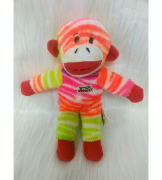 10 " Sock Monkey Neon Striped Orange Yellow Pink Red Plush Toy Dan Dee B214