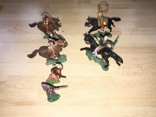 Four Vintage Herald Cowboys & Indians On Horses And Two Lead Indians