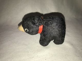 VINTAGE BLACK BEAR WITH RED COLLAR AND RUBBER FACE,  STRAW STUFFING 3