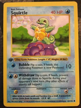 Squirtle 1st Edition Shadowless Base Set - 63/102 - Pokemon Card