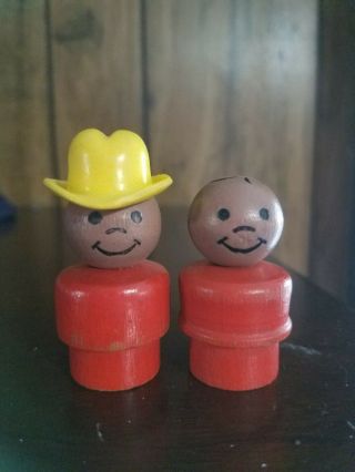 Vintage Fisher Price All Wood Little People 70s 2 African American Boys Cowboy
