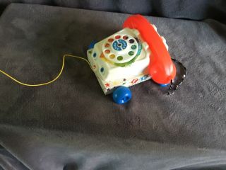 Fisher Price Chatter Box Telephone Phone Pull Toy Wood Base Vintage
