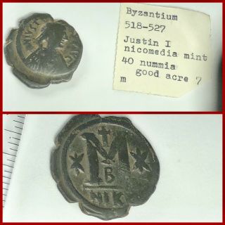 Ancient Byzantine Bronze Follis Coin Of Justin I,  Ca.  518 A.  D.