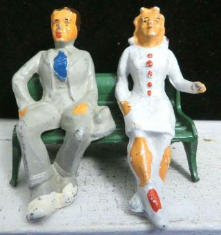 Vintage Manoil Lead Toy Figures Young Man & Girl On Bench M - 129 Thru M - 131