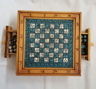 Maya / Aztec Mexican Hand Carved Stone Blue White / Wood Chess Set With Storage