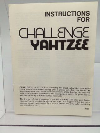 Challenge Yahtzee Instruction Sheet Booklet Replacement Part 2420 1974 Usa Lowe