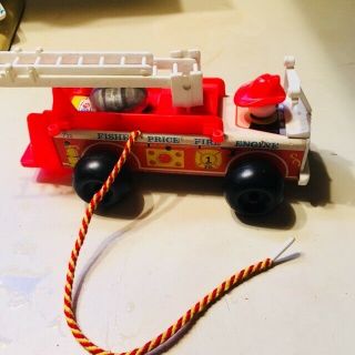 Vintage 1968 Fisher Price Little People Wood Fire Engine Truck 720 Red Ladder