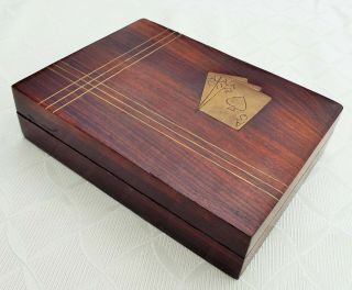 Wooden Card Box With Brass Inlay With Two Decks Of Cards.  Games.