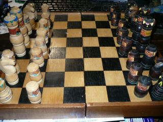 Vintage Chess Set Wooden Hand Carved Hand Painted Wooded Folding Board