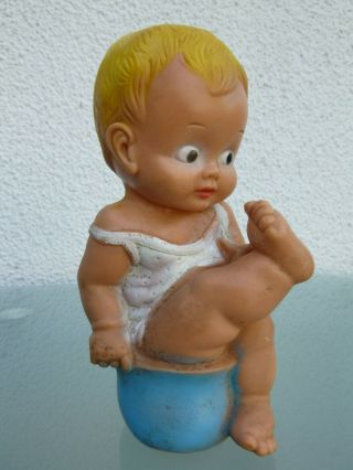 Vintage 50s Vinyl Squeaky Toy Doll Child On Blue Potty Good Squeak