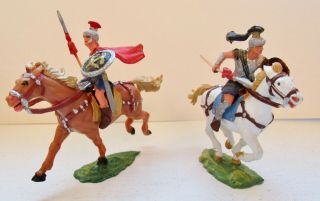2 40mm Elastolin Roman Soldiers On Horseback Painted Plastic Figures Germany