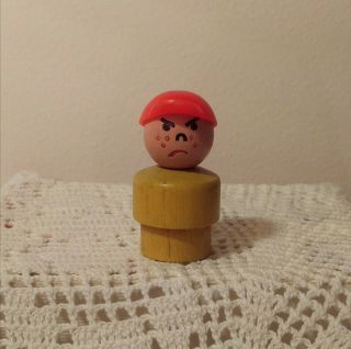 Vintage Fisher Price Little People Wood Body Mad Boy Butch Red Hat Grumpy School