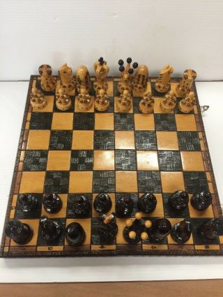 Unique Wooden Chess Set Complete With Storage Board