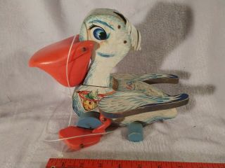 Vintage Fisher Price No.  794 Big Bill Pelican Pull Toy 1961 Wooden Damage