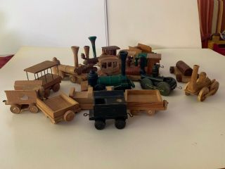 Hand Crafted Vintage Wooden Trains - 16 Cars - Each 3 To 4 1/2 " Long