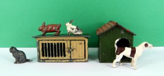J Hill Co Lead Rabbit Hutch & Rabbit,  Britains Rabbit,  Cat,  Dog Kennel & Dog