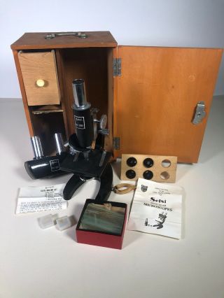 Vintage Selsi 80x - 1200x Microscope W/ Wood Box & Accessories
