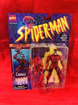 Vintage Spider Man Animated Series Carnage With Weapon Arms Moc Toybiz 1994