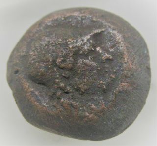 Ancient Greek Bronze Coin With Head Of Athena Corinthian Helmet