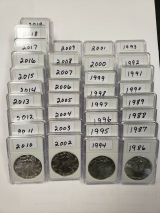 (34) 1986 - 2019 American Silver Eagles 1 Oz.  999 Silver All 34 Years Complete Run