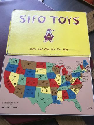 Vintage Sifo Toys Jigsaw Puzzle Map United States Wooden Wood W/box