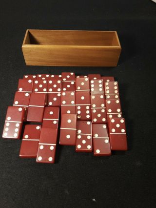 Vintage Red Catalin Bakelite Domino Set In Wooden Box 28 Dominoes