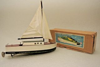 Vtg 1950 Rico Wooden Model Battery Motor Sail Boat W/box Japan Cabin Cruiser 12 "
