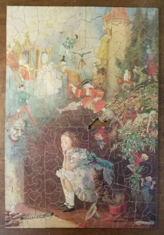 Vtg 275pc Wood Jigsaw Puzzle Fairy Tales Cinderella Rapuzel Aladdin More 16x11