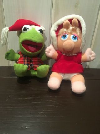 Vintage 1987 Christmas Muppet Babies Miss Piggy & Kermit Plush Stuffed Animals