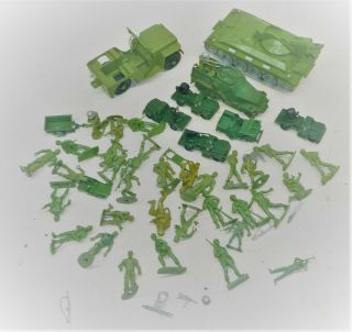 Vintage Tim Mee Toy Soldiers Plastic Mixed Green Playset Figurines,  Jeep Tank