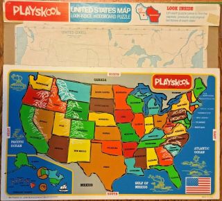 Vintage 1981 Playskool Wood Puzzle Inlaid Usa United States Map Complete Euc