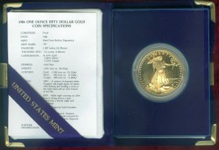 Proof 1986 $50.  00 Gold Eagle - 1 Oz Fine Gold - With