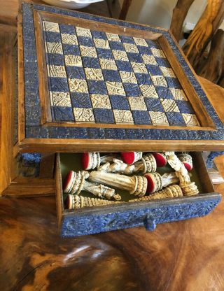 Vintage Mexican Chess Set Malachite Wood Aztec Mayan Board Large